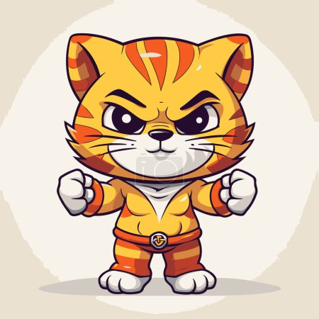 Téléchargez les illustrations : Illustration vectorielle du tigre de bande dessinée mignon en vêtements orange sur fond clair - en licence libre de droit