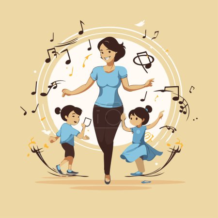 Illustration for Mother and children playing musical instruments. Vector illustration in cartoon style. - Royalty Free Image