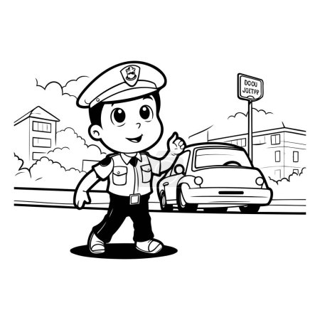Téléchargez les illustrations : Dessin animé policier avec une voiture dans la rue. Illustration vectorielle. - en licence libre de droit