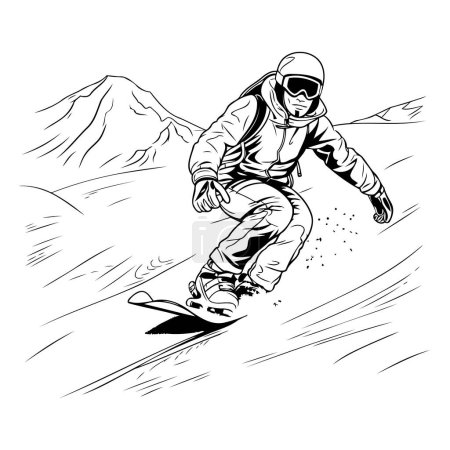 Téléchargez les illustrations : Snowboarder sautant dans les montagnes. croquis graphiques vectoriels monochromes - en licence libre de droit