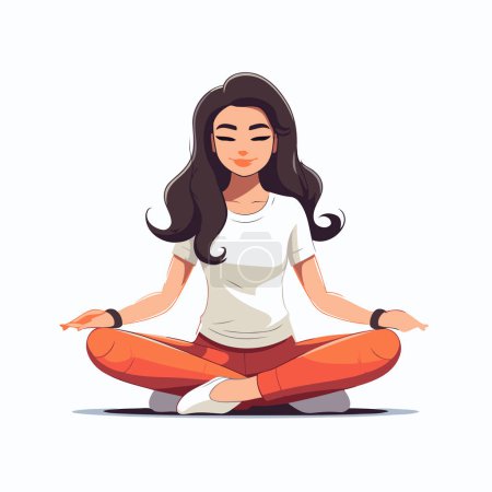 Illustration for Young woman practicing yoga. sitting in lotus position. Cartoon vector illustration. - Royalty Free Image