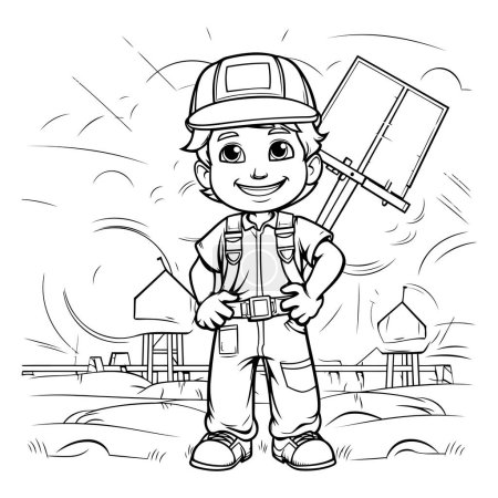 Ilustración de Ilustración de dibujos animados en blanco y negro del personaje del trabajador de la construcción del niño o del trabajador para colorear libro - Imagen libre de derechos