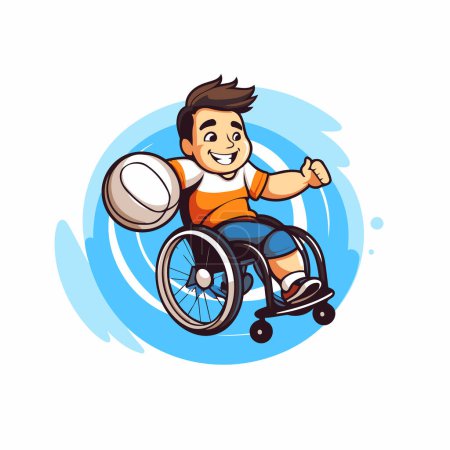 Téléchargez les illustrations : Homme handicapé en fauteuil roulant avec balle. Illustration vectorielle de bande dessinée. - en licence libre de droit