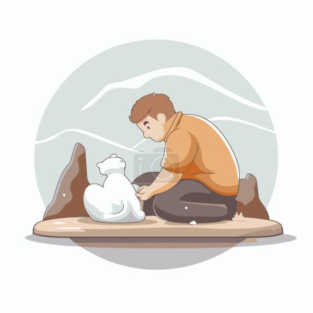 Illustration for Man sitting on the rock and playing with a polar bear. Vector illustration. - Royalty Free Image