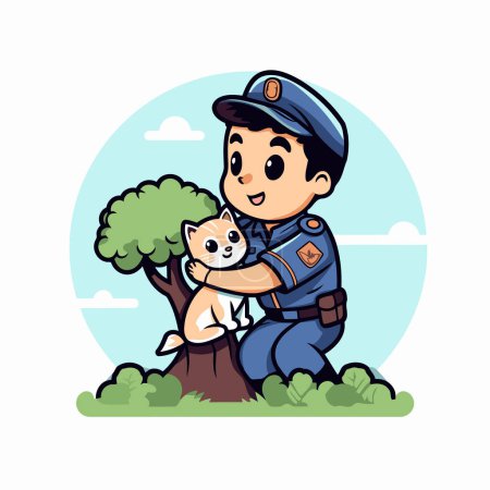 Téléchargez les illustrations : Un policier avec un chien et un arbre. Illustration vectorielle dans le style dessin animé - en licence libre de droit