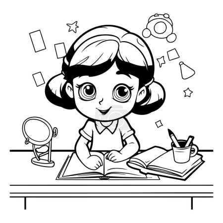 Ilustración de Ilustración de dibujos animados en blanco y negro de una niña que estudia en la escuela - Imagen libre de derechos