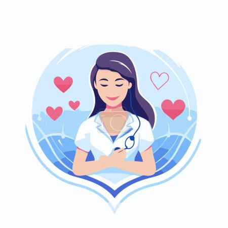 Illustration for Vector illustration of a female doctor with a stethoscope and a heart in the background. - Royalty Free Image