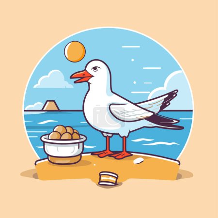 Téléchargez les illustrations : Mouette assise sur la plage. Illustration vectorielle dans le style dessin animé - en licence libre de droit