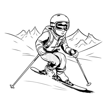 Téléchargez les illustrations : Illustration vectorielle du skieur en casque et lunettes de ski alpin. Version monochrome. - en licence libre de droit