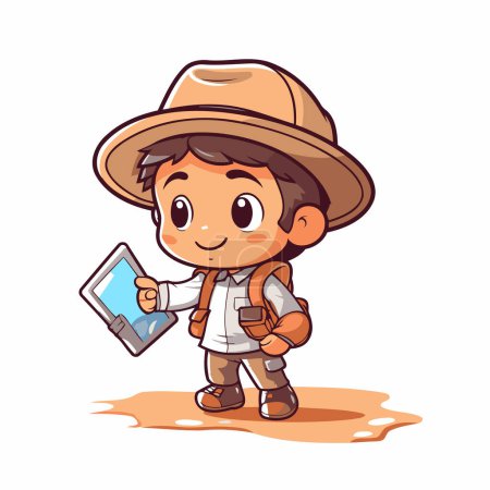 Illustration for Cute explorer boy with backpack and tablet pc. Vector illustration. - Royalty Free Image