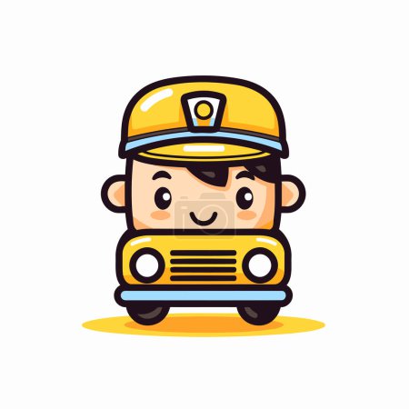 Téléchargez les illustrations : Joli petit garçon conduisant un bus scolaire. Illustration vectorielle dans le style dessin animé. - en licence libre de droit