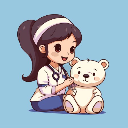 Téléchargez les illustrations : Petite fille jouant docteur avec ours en peluche dessin animé personnage vectoriel illustration conception graphique - en licence libre de droit