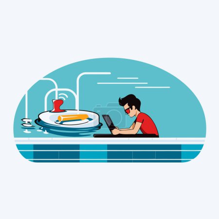 Téléchargez les illustrations : Homme travaillant sur ordinateur portable dans la piscine. Illustration vectorielle en style plat - en licence libre de droit