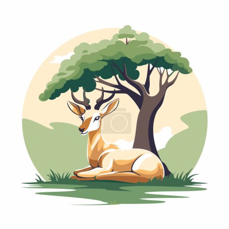 Téléchargez les illustrations : Cerf assis sous un arbre dans la forêt. Illustration vectorielle. - en licence libre de droit