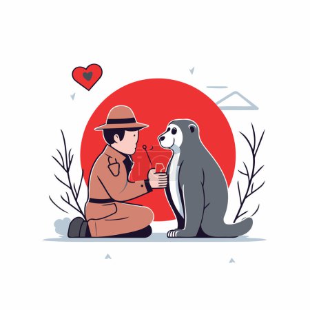 Illustration for Vector illustration of a man in a hat with a dog. Flat style. - Royalty Free Image