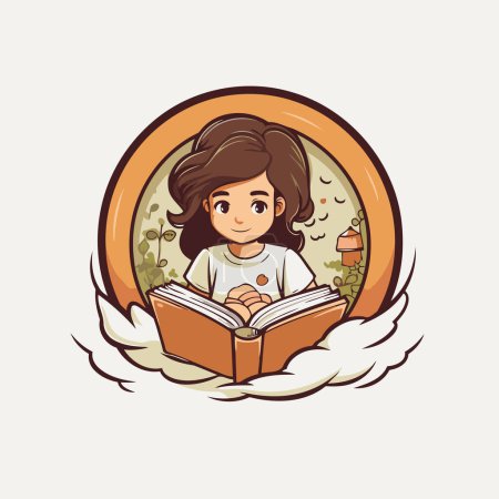 Ilustración de Linda niña leyendo un libro en círculo. Ilustración vectorial. - Imagen libre de derechos