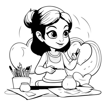 Téléchargez les illustrations : Jolie petite fille peignant avec des crayons. Illustration vectorielle noir et blanc. - en licence libre de droit