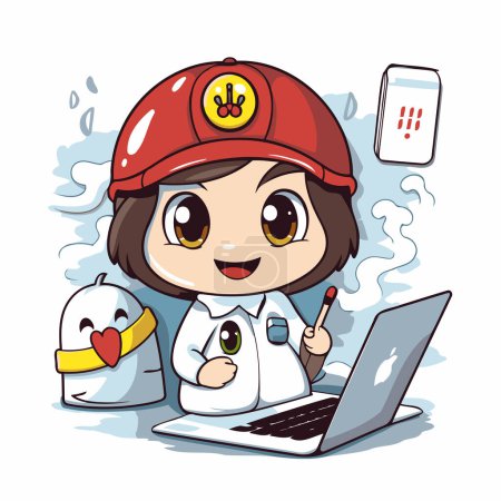 Téléchargez les illustrations : Jolie fille dans un casque de pompier avec un ordinateur portable. Illustration vectorielle. - en licence libre de droit