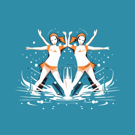 Téléchargez les illustrations : Deux filles en patins à roulettes dans l'eau. Illustration vectorielle pour votre design - en licence libre de droit