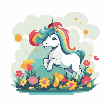 Ilustración de Lindo unicornio de dibujos animados en el prado con flores. Ilustración vectorial - Imagen libre de derechos