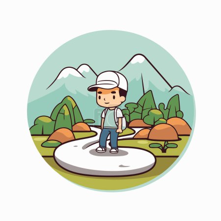 Illustration for Hiking boy cartoon in the park round icon vector illustration graphic design - Royalty Free Image