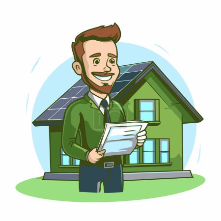 Téléchargez les illustrations : Agent immobilier avec maison et panneaux solaires. Illustration vectorielle de dessin animé. - en licence libre de droit