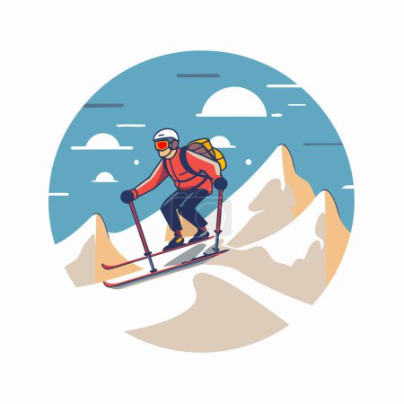 Illustration for Skiing in the mountains. Vector illustration in flat style. - Royalty Free Image