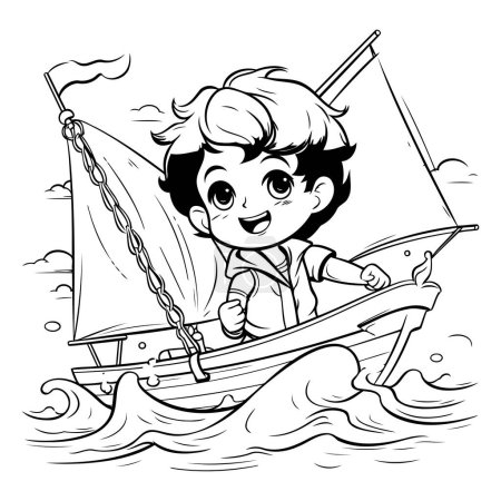 Téléchargez les illustrations : Illustration de dessin animé noir et blanc d'un petit garçon naviguant sur un bateau pour un livre à colorier - en licence libre de droit