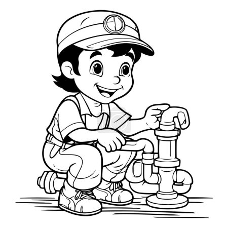 Téléchargez les illustrations : Illustration de dessin animé noir et blanc du plombier de garçon d'enfant réparant le tuyau d'eau pour le livre à colorier - en licence libre de droit