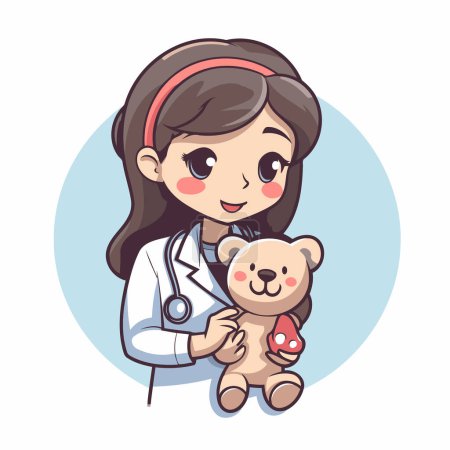 Téléchargez les illustrations : Petite fille mignonne jouant au docteur avec un ours jouet. Illustration vectorielle. - en licence libre de droit