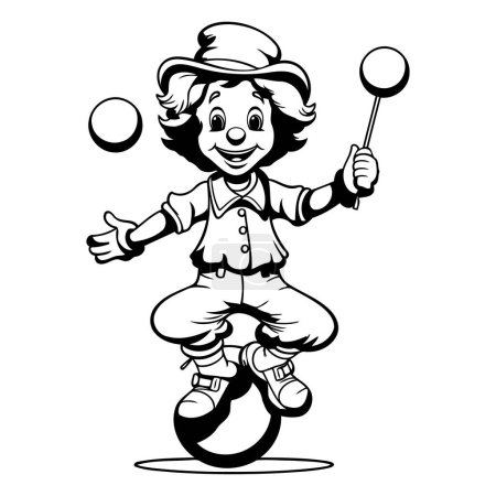 Ilustración de Divertido payaso de circo haciendo malabares con pelotas. Ilustración vectorial en blanco y negro. - Imagen libre de derechos