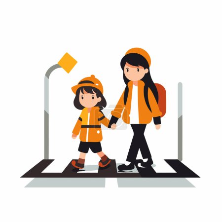 Illustration for Cute little girl and her mother on the crosswalk vector Illustration - Royalty Free Image