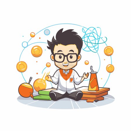 Illustration for Vector illustration of a cartoon schoolboy sitting on the floor and studying - Royalty Free Image
