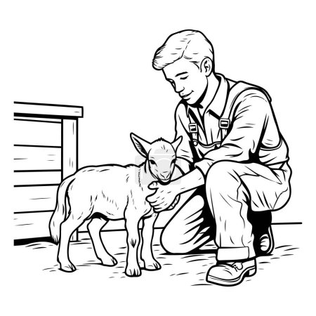 Illustration for Vector illustration of a man feeding a small dog. Black and white version. - Royalty Free Image