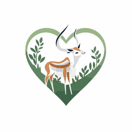 Téléchargez les illustrations : Gazelle en forme de coeur modèle de logo vectoriel. Antilope sauvage aux feuilles vertes et en forme de cœur. - en licence libre de droit