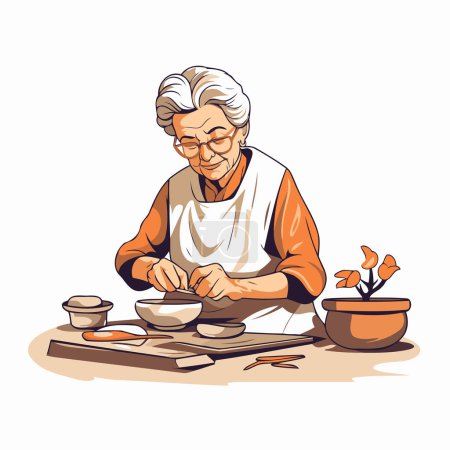 Ilustración de Una anciana haciendo alfarería. Ilustración vectorial en estilo de dibujos animados - Imagen libre de derechos