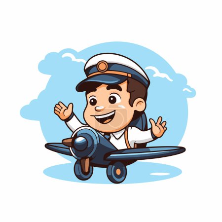 Téléchargez les illustrations : Mignon pilote garçon personnage de dessin animé avec avion sur le fond de nuages - en licence libre de droit