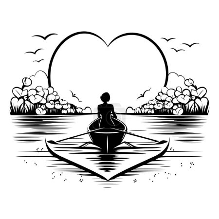 Illustration for Vector illustration of a man in a boat on a lake with a heart-shaped frame - Royalty Free Image