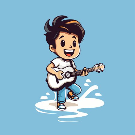 Illustration for Cartoon boy playing guitar. vector illustration. isolated on blue background - Royalty Free Image