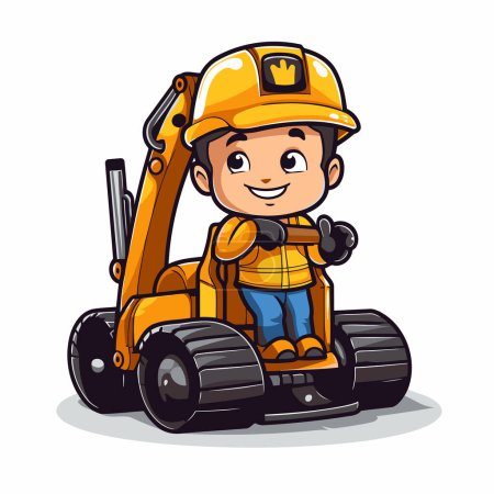 Illustration for Cute little boy playing with a toy excavator. Vector illustration. - Royalty Free Image