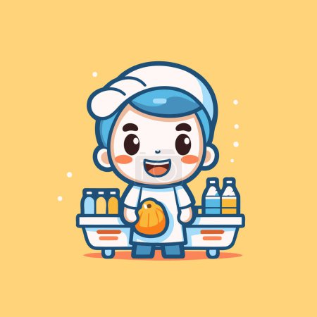 Illustration for Cute chef cartoon character with food in trolley vector illustration. - Royalty Free Image