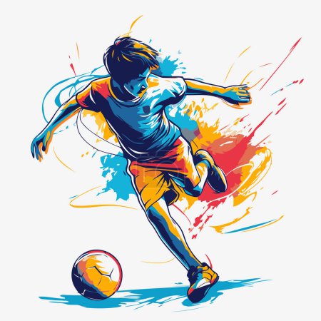 Téléchargez les illustrations : Un footballeur donne un coup de pied au ballon. Illustration vectorielle d'un footballeur. - en licence libre de droit