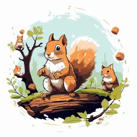 Téléchargez les illustrations : Des écureuils sur un arbre dans la forêt. Illustration vectorielle. - en licence libre de droit