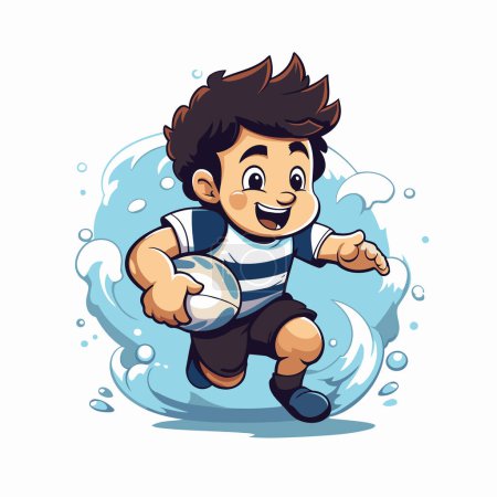 Illustration for Cartoon boy playing rugby with ball. Vector illustration on white background. - Royalty Free Image