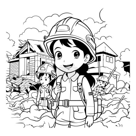 Ilustración de Ilustración de dibujos animados en blanco y negro de un bombero o una chica bombero en el trabajo Libro para colorear - Imagen libre de derechos