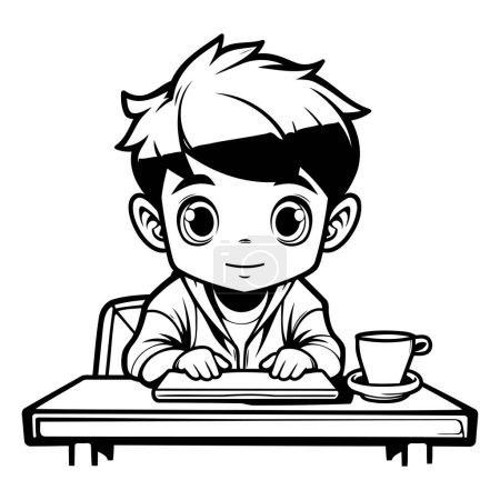 Téléchargez les illustrations : Étudiant garçon mignon - Illustration de bande dessinée noir et blanc. Vecteur - en licence libre de droit