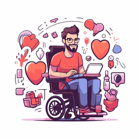 Téléchargez les illustrations : Homme en fauteuil roulant utilisant un ordinateur portable et les icônes des médias sociaux. Illustration vectorielle. - en licence libre de droit
