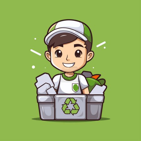 Ilustración de Voluntario con cubo de basura. Vector plano de dibujos animados personaje ilustración - Imagen libre de derechos