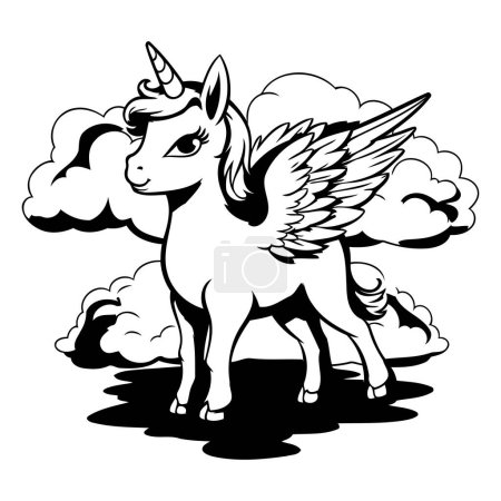 Téléchargez les illustrations : Licorne avec ailes et nuages - illustration vectorielle en noir et blanc - en licence libre de droit