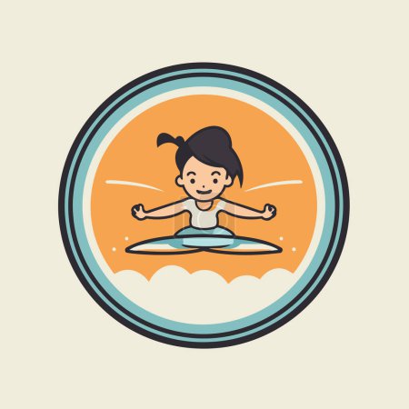 Illustration for Circular emblem with cartoon surfer girl on surfboard. vector illustration - Royalty Free Image